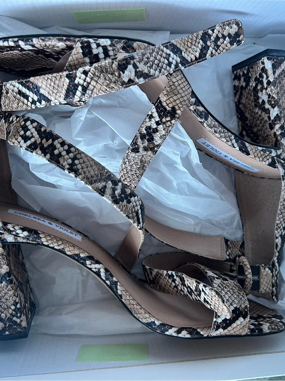 Chelsea & Violet Snake-Print Strappy Block Heel Sandals in Tan and Brown